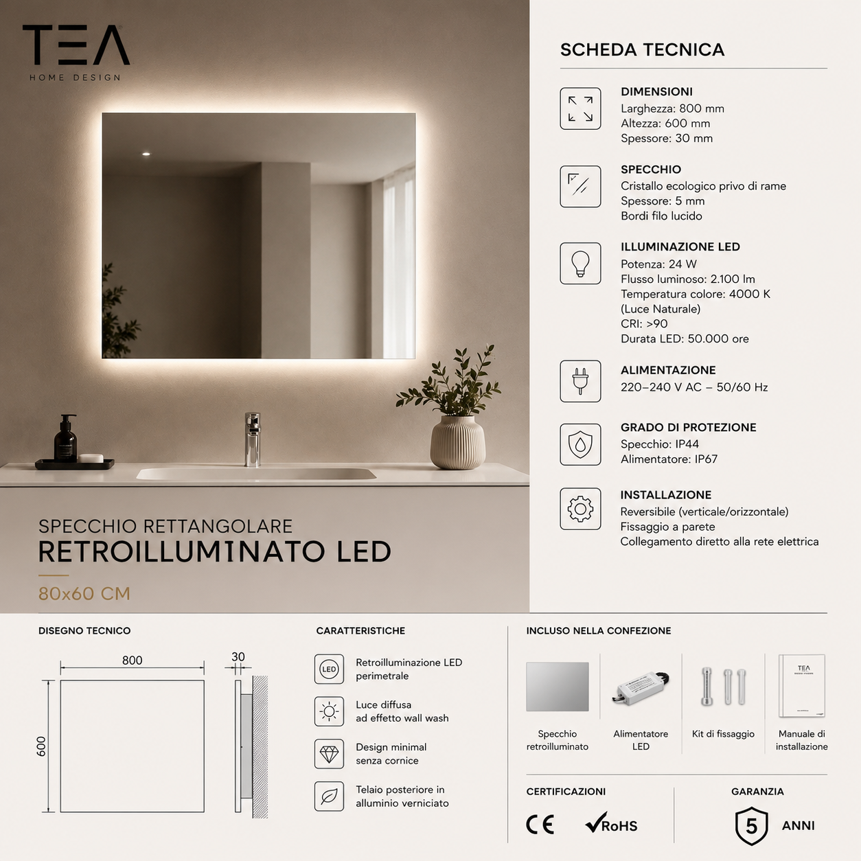 SPECCHIO 80 X 60 RETROILLUMINATO LED