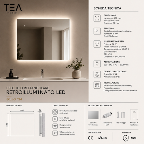 SPECCHIO 80 X 60 RETROILLUMINATO LED